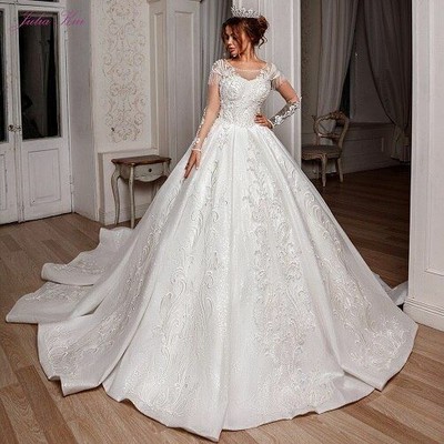 Lace Beaded Wedding Dress Satin Sheer 