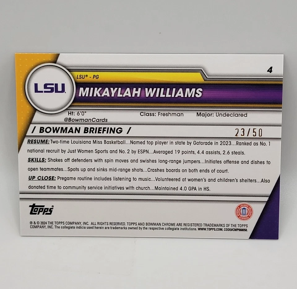 2023-24 Topps Bowman U Basketball Mikaylah Williams 1st Bowman Gold /50 - Image 2 of 2