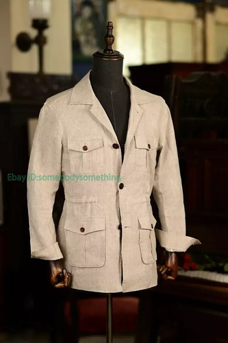 Men's 100% Linen Safari Pockets Hunting Coat Jacket Casual Breathable Retro Tops - Picture 7 of 25