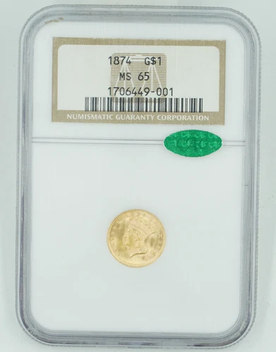 1874 NGC & CAC MS65 Gold Dollar Great Luster