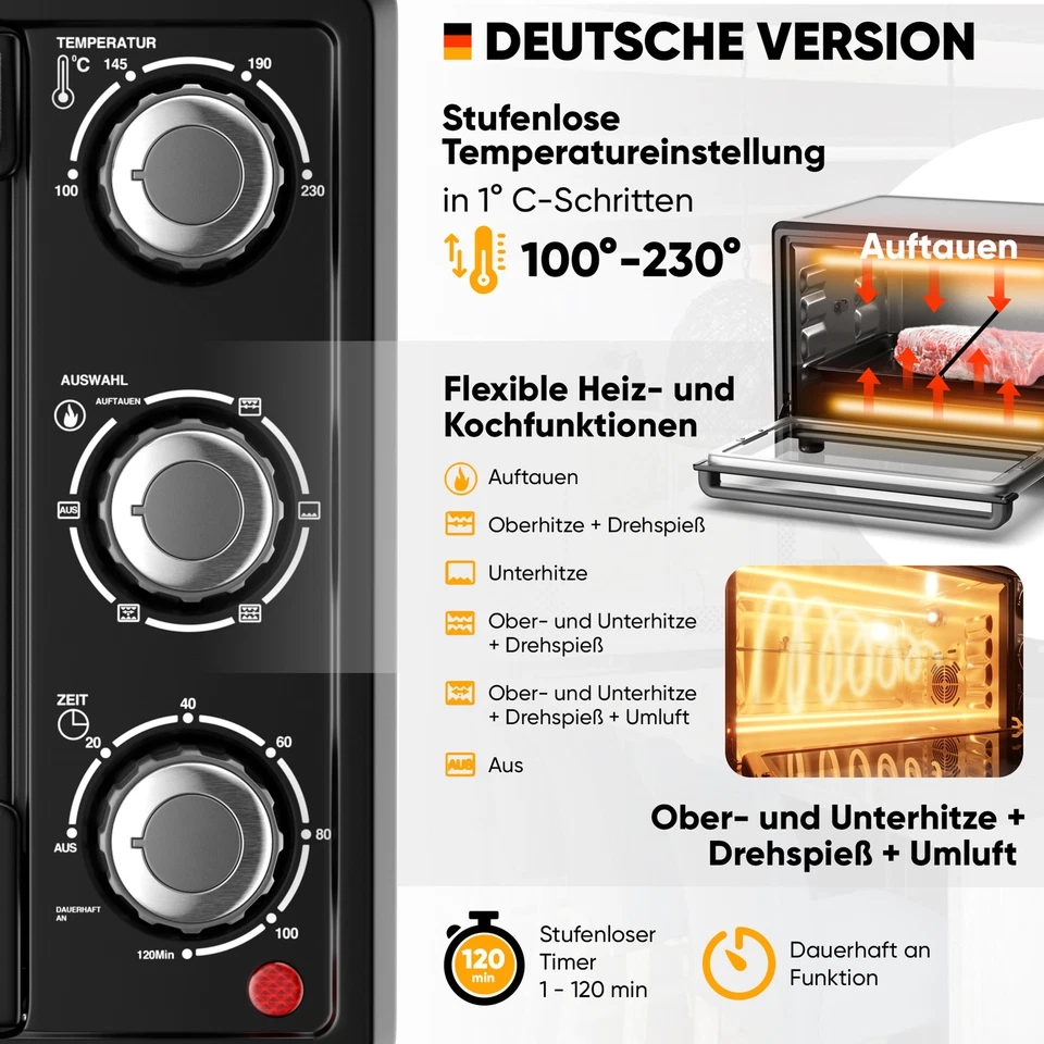B-Ware 25L Minibackofen mit Umluft, Drehspieß, Backblech, 1500W, DE Version - Bild 4 von 4