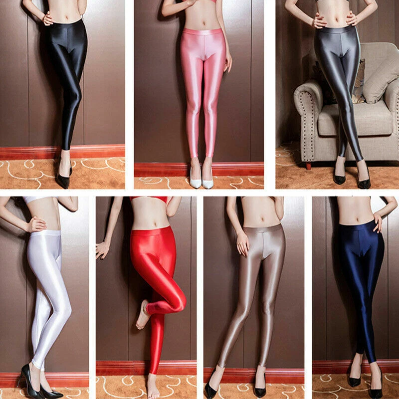Mujeres Satén Brillante Spandex Leggings Alto Brillante Nylon Elástico Baile Disco Pantalones Foto 3 de 4