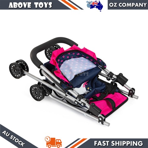 Bayer Buggy Doll Pram Foldable Dark Blue With Pink Heats & Unicorn For 46cm Doll - Picture 6 of 6
