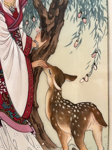 Caroline Young Framed Signed Chinese Girl Deer Watercolor Original Asian Woman - Picture 11 of 11