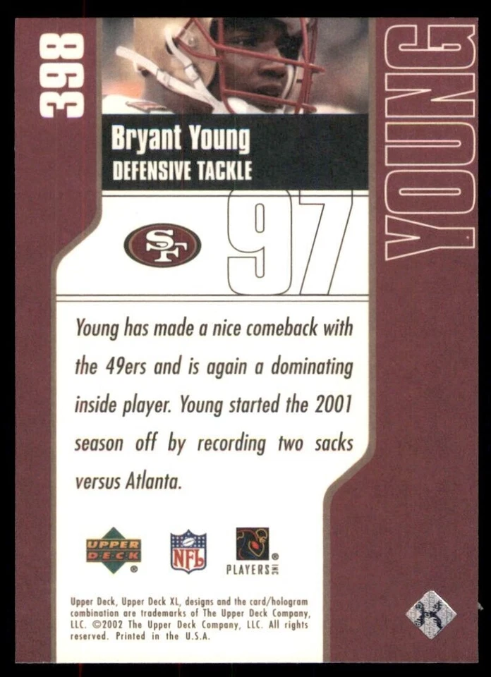 2002 Upper Deck XL Bryant Young San Francisco 49ers #398 - Image 2 of 2