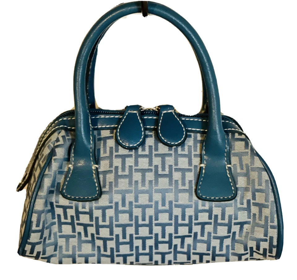 Mini bolso de mano/lona Tommy Hilfiger vintage azul bebé diseño TH doble asa Foto 3 de 4