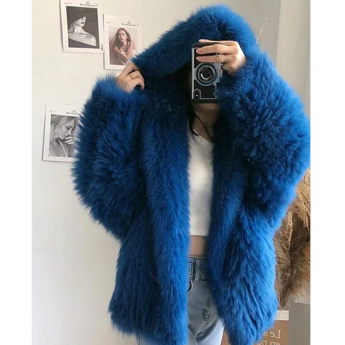 Women Real Fox Fur Knitted Coat Hooded Bat Sleeve Baggy Jacket Warm Outwear Tops - Picture 37 of 43