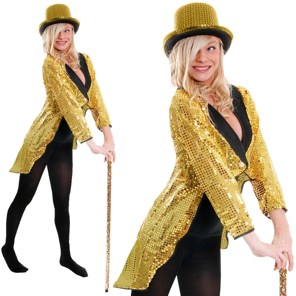 ABRIGO TRASERO DORADO LENTEJUELAS SOMBRERO TOP Y PAJARITA ROJA HALLOWEEN VESTIDO ELEGANTE DISFRAZ DE BAILE Foto 2 de 4