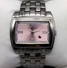 Kenneth Cole Watch Women 37mm Silver Tone Pink Dial Date New Battery 6.25"