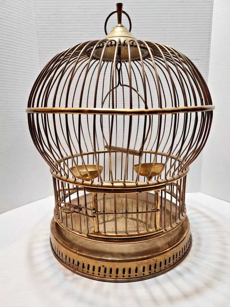 Vtg Antique Victorian Brass Bird Cage 13'' /Two Feeders and Swing