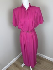 Vintage Hearts Fuchsia Shirt Dress Belted Midi Made in USA Rayon Acetate Sz 6
