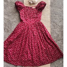 Hearts & Found Red Floral Rose Print Puff Sleeve Midi Dress Small Vintage Style