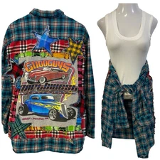 Upcycled Flannel Shirt Shacket Womens 3x Cars Mechanic Grunge Patchwork Folk Art