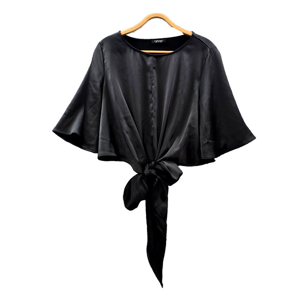 Forcast Top Womens Crop Blouse Size 12 Black Satin Short Sleeve Tie Front