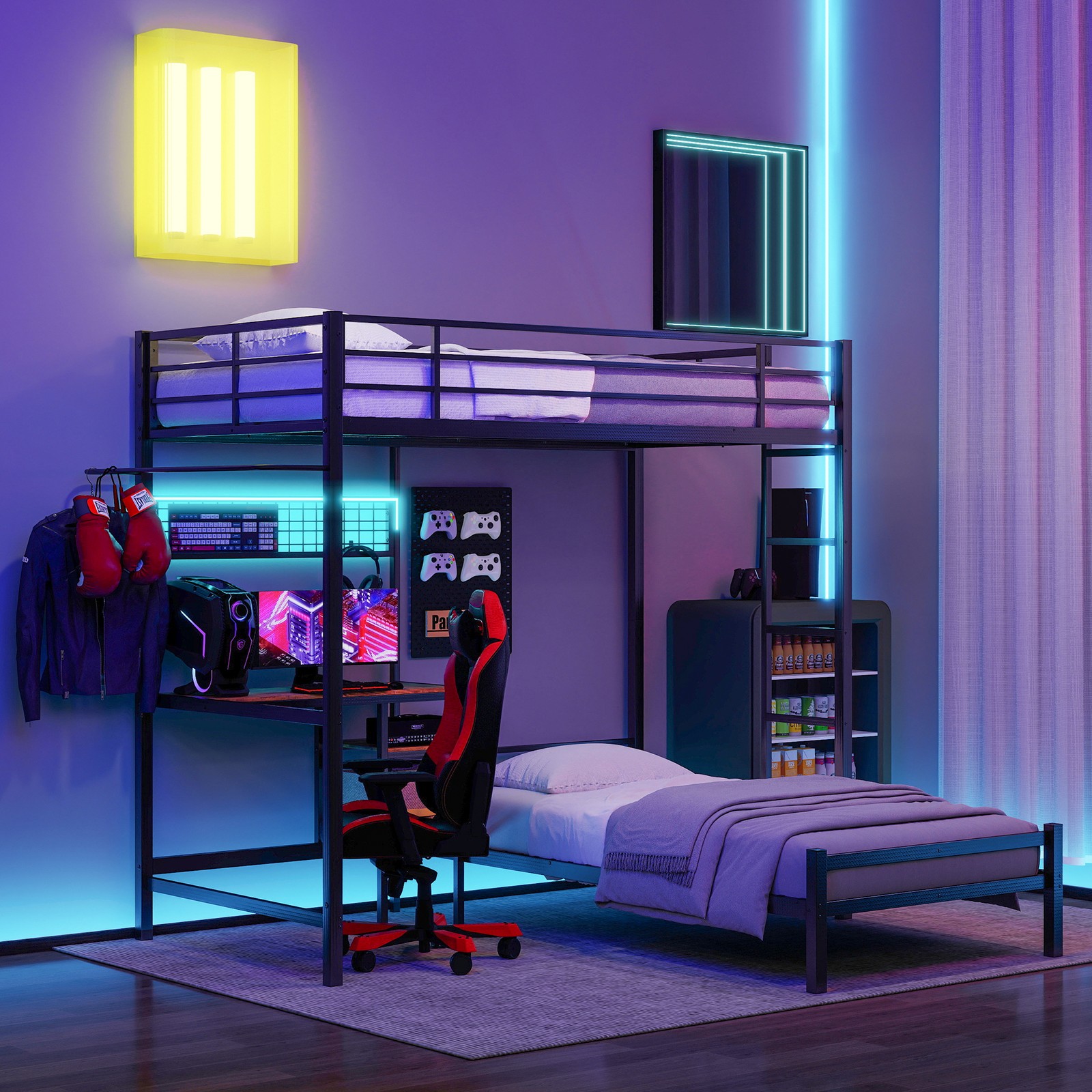 Bunk Bed Twin Over Twin Size with Desk Station L-Shaped Meta