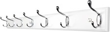 Long Coat Rack Wall Mount 7 Hooks 90cm Wood Board and Silver Chrome Hook White