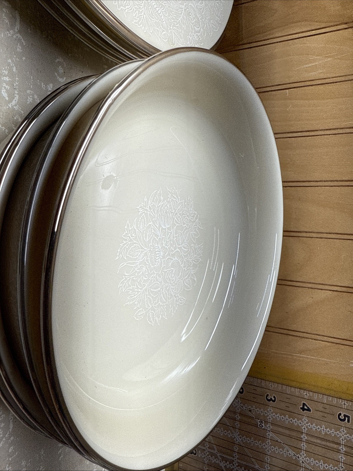 Lenox Moonspun Table Setting For 4 Platinum Silver Rim Ivory Cream VTG