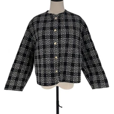 Zara Women's Black Tweed Quilted Jacket Size M Snap Button-Down Mid-Length