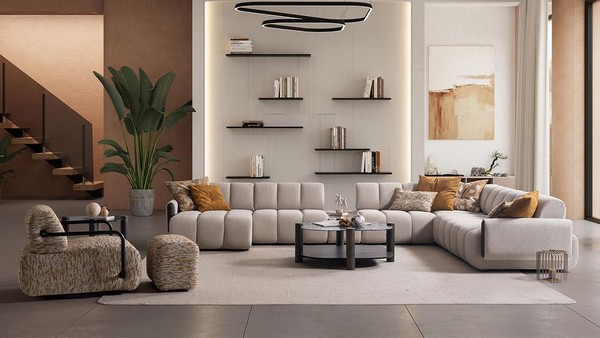 Exklusive Wohnzimmer Sitzgarnitur Stilvolles Ecksofa Sessel Pouf-image