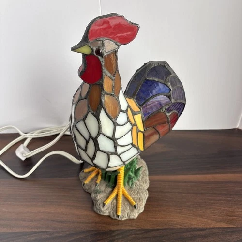 Vintage Tiffany Style Rooster Lamp Pre-Owned Electric Multi-Colored Glass