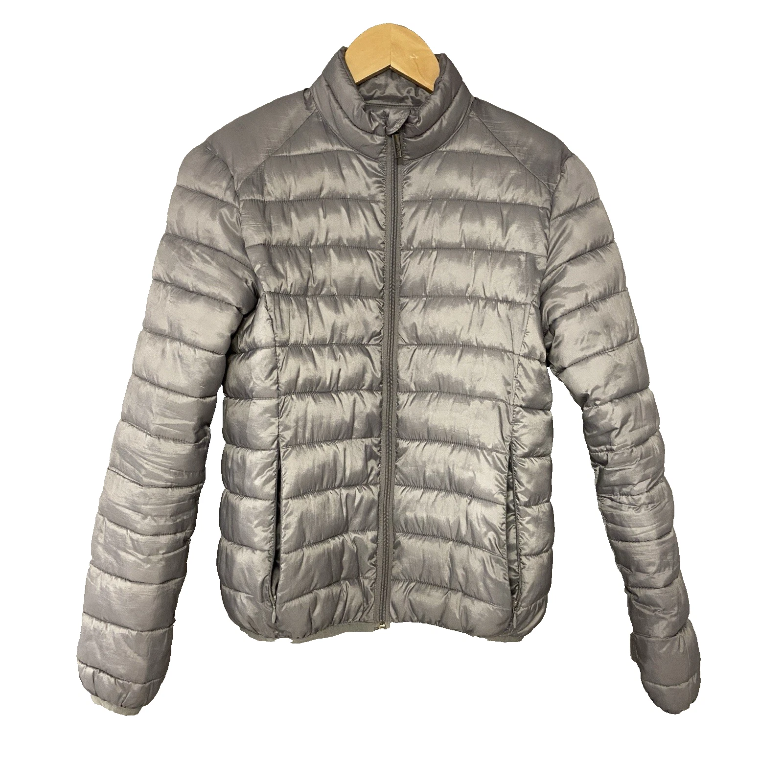 Slam Puffer Jacket Mens Small Silver Packable Coat Insulated Pockets Cosy