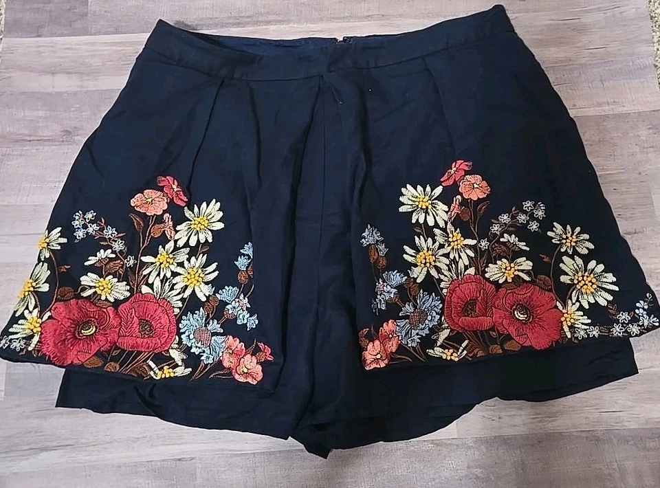Elevenses Women's Embroidered Dress Shorts, Linen Blend, Size 12, Navy - Image 2 of 4