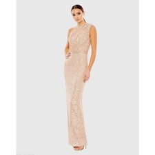 Mac Duggal Gold Champagne Sequined One Shoulder Formal Gown Size 10