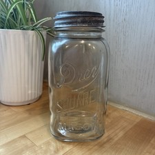 Antique Drey Square Mason Jar Quart Clear Glass 1920s Zinc/porceline Lid