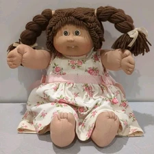 1985 CABBAGE PATCH DOLL Brown Hair + Eyes Braided Pigtails BLUE Xavier Roberts