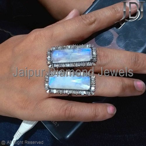 Anillo Victoriano De Diamante Baguette De Piedra Luna De Gemas De Plata 925 - Imagen 2 de 6