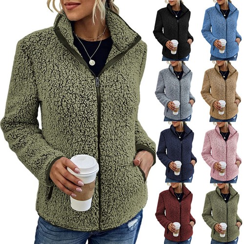 Women's stand up collar solid color top hoodie casual zipper plush jacket - Picture 1 of 13