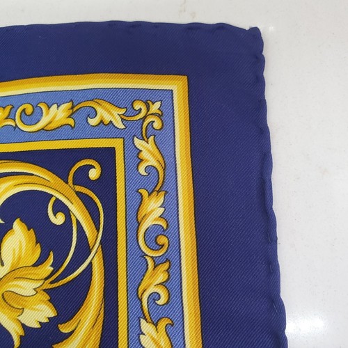 Italian Designer Silk Scarf Small for Neck Purse Pocket 100% Silk Blue & Gold - Picture 7 of 24