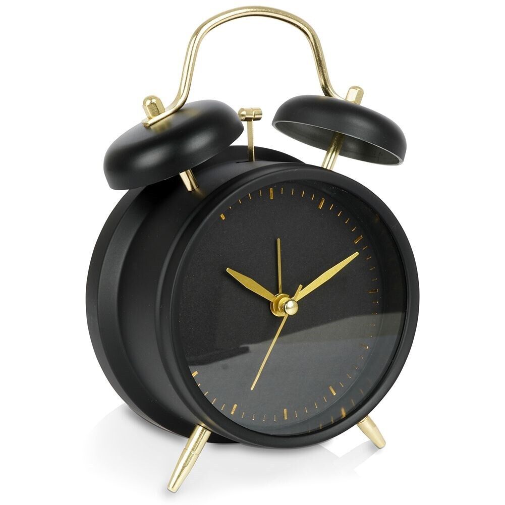 Tisch-Uhr Uhr Wecker Glockenwecker aus Metall schwarz golden analog Retro