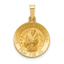 14k Yellow Gold Polished and Satin St Francis of Assisi Medal Hollow Pendant