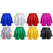 Kids Girls Shiny Metallic Dance Skirted Shorts Skater Culotte Bottoms Dancewear