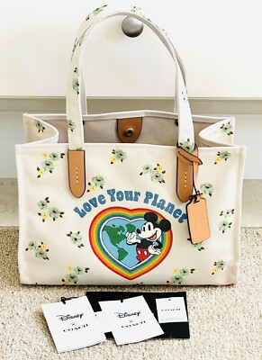 NWT COACH X DISNEY MICKEY MOUSE IVORY FLORAL PRINT RECYCLED CANVAS