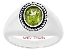 Natural Peridot Gemstone With 14K White Gold Plated Silver Ring For Men's #901