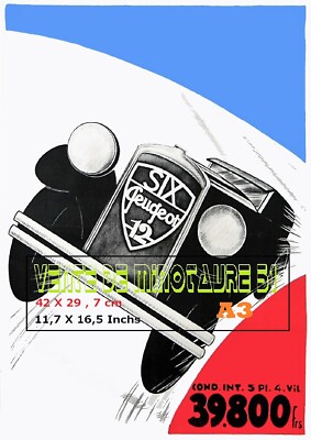 car advertising - SIX PEUGEOT 12 CYLINDERS blue white red background - laminated poster