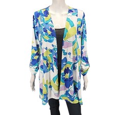 Susan Graver Passport Trendy Printed Silky Knit Open Cardigan Small Sz w Pockets