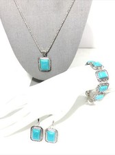 Faux Turquoise Burnished Silver Necklace, Earring, Bracelet 3 Piece Jewelry Set