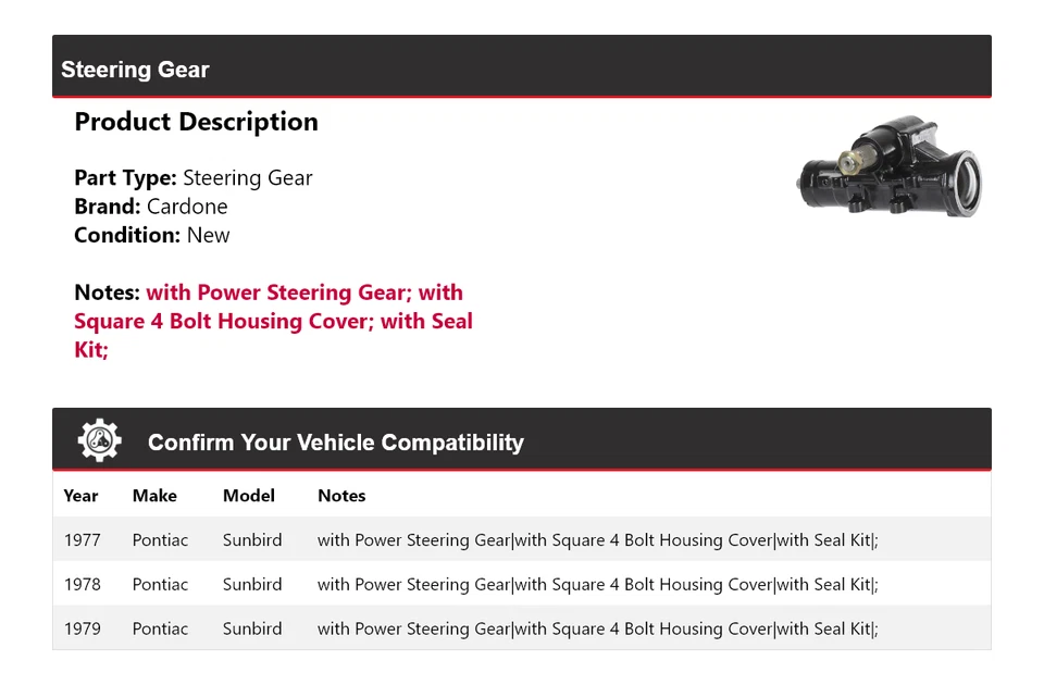 Engranaje de dirección Cardone 1978 para Pontiac Sunbird 1977-1979 Foto 2 de 4