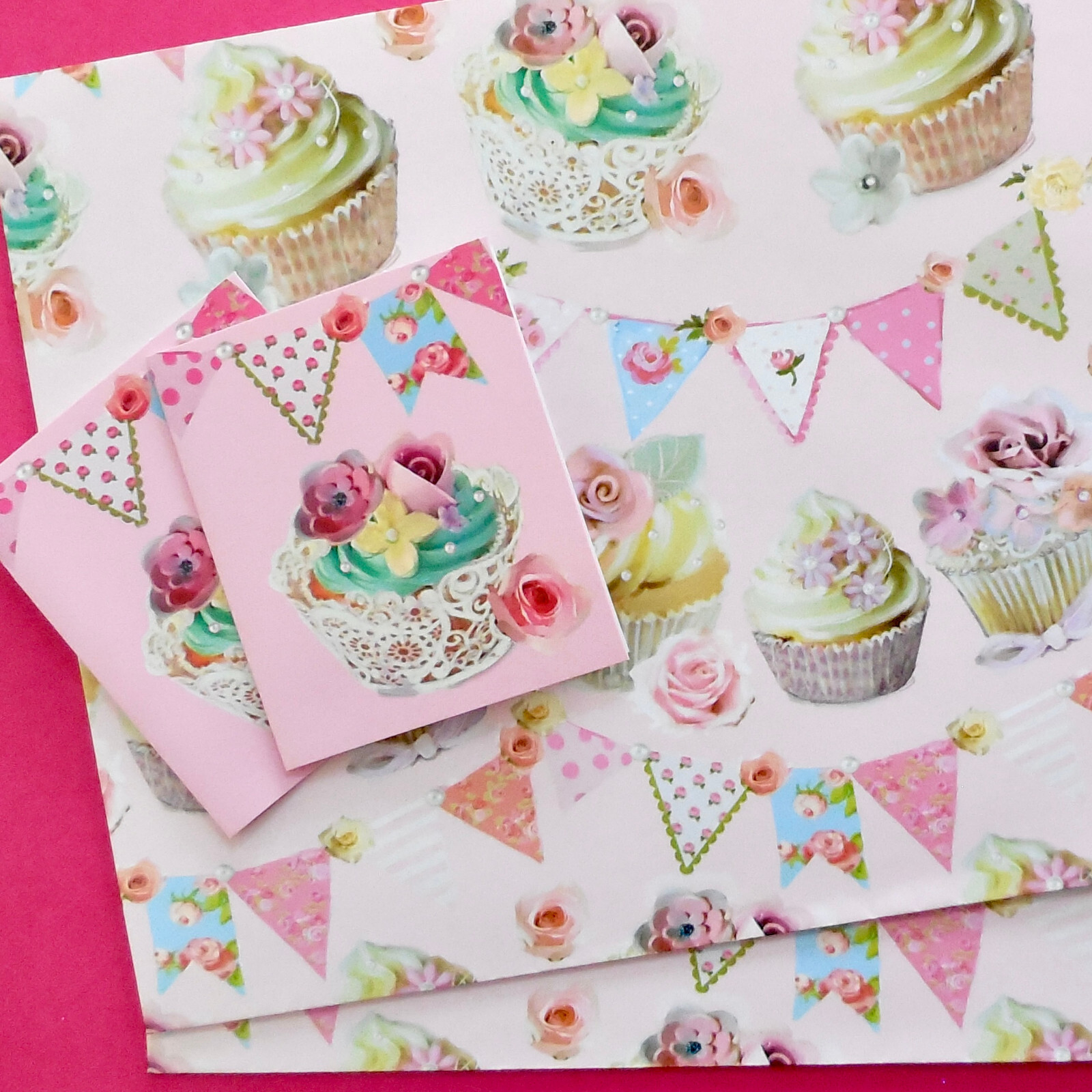 2 Sheets Birthday Wrapping Paper 2 Matching Gift Wrap Tags Female Woman Cupcake