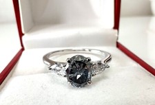 925 Sterling Silver 1.73 Ct Oval Cut Grey Moissanite, Three Stone Classic Ring