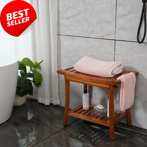 Teak Shower Bench Seat with Handles Wooden Spa Bath Stool Indoor Outdoor Use - Picture 7 of 12