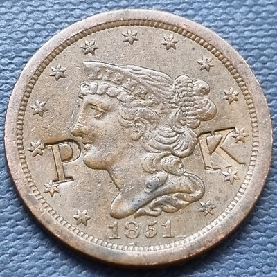1851 Braided Hair Half Cent 1/2c Coin RARE DATE XF+ Counterstamped P K #91634