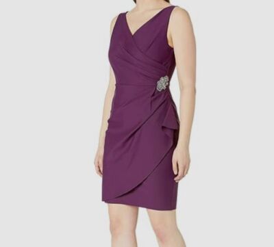 Alex Evenings Womens Purple Brooch Ruched Sleeveless Sheath Dress Size 2