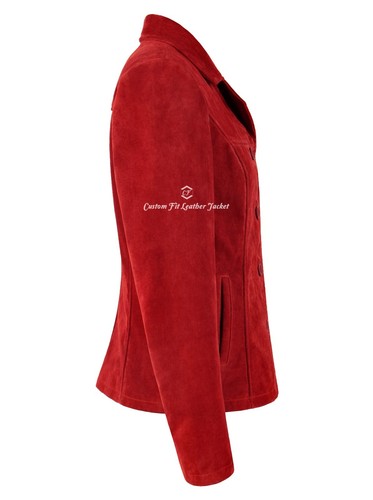 Woman’s Real Red Suede Leather Classic Blazer Style Box Buttons Jacket Jennifer - Picture 4 of 8