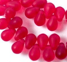 50 Czech Frosted Sea Glass Teardrop Beads 6x4mm - Matte - Siam Red 6x4mm