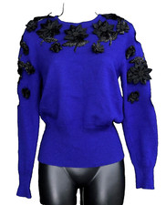 Vintage blue embellished sweater, black floral beaded knit 1980s wool appliqu  S