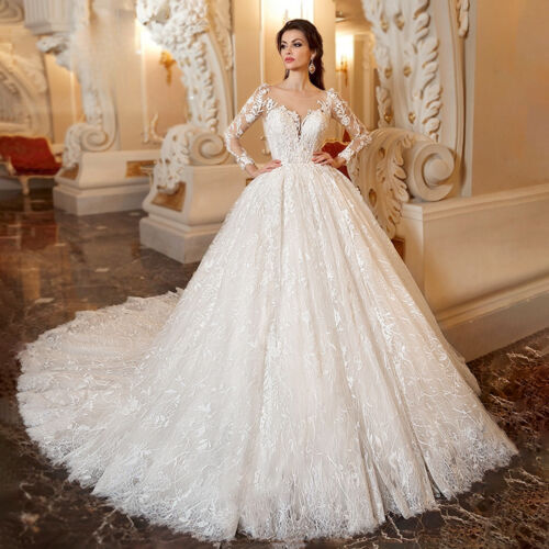 V-neck Beaded Wedding Dresses Long Sleeve Ball Gown Lace Applique Bridal Gowns